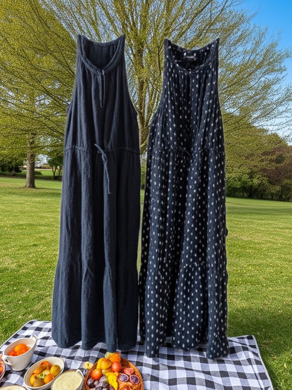 Bundle: Two Navy Maxi Dresses with Drawstring Waist